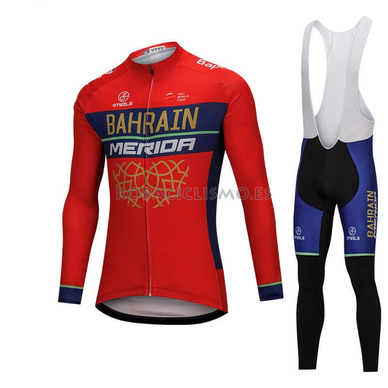 2018 Maillot Bahrain Merida Tirantes Mangas Largas Rojo